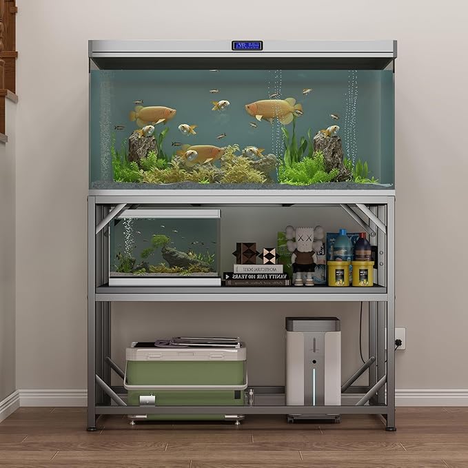 Sturdy Metal Aquarium Stand with Power Outlets, Adjustable Storage Cabinet - 660LBS Capacity, Black - Suitable for 40 Gallon Fish Tank, Turtle Tank, Fish Tank Accessories - Perfect Fish Tank Stand for Organization and Convenience