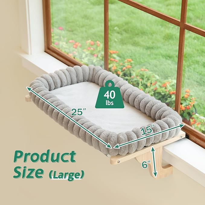 SnugCloud Cat Window Perch with 4-Sided Bolster - Orthopedic Cat Hammock for Window Sill - Solid Hardwood & Metal Frame - Window Seat for Pets (Natural Color Wood w/Gray Bed, Large)