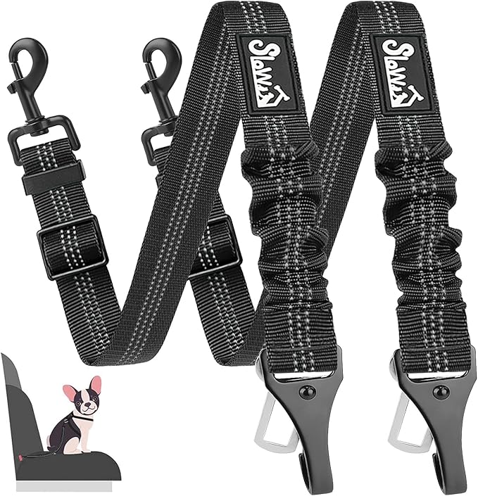 SlowTon Dog Seat Belt, Adjustable Dog Safety Belt Leash, 2 in 1 Latch Bar Attachment Dog Car Seatbelt with Elastic Nylon Bungee Buffer, Reflective Nylon Belt Tether Connect to Dog Harness (2Black)