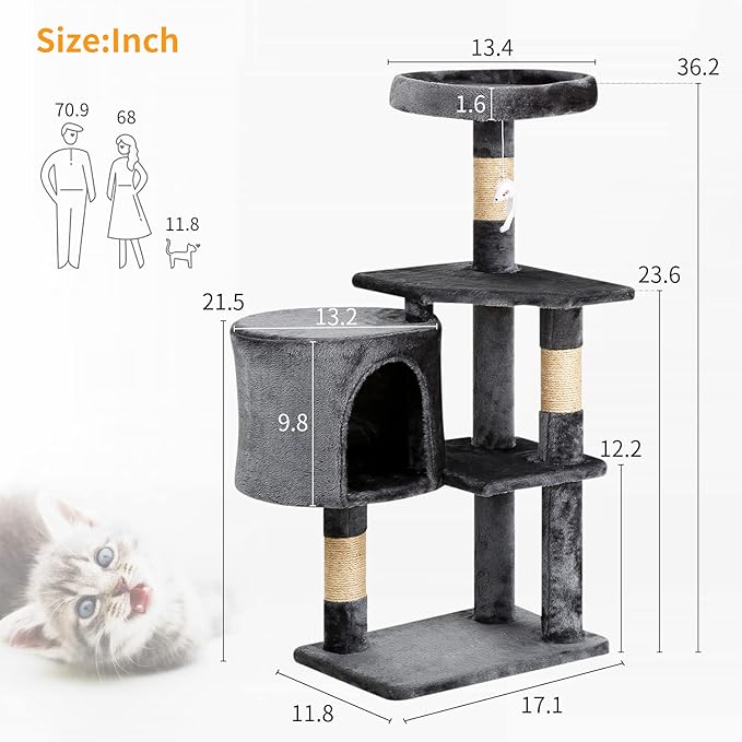 BestPet Cat Tree 36 inch Tall Scratching Toy Activity Centre Cat Tower Cat Condo Multi-Level Furniture Scratching Posts for Indoor Cats,Light Gray