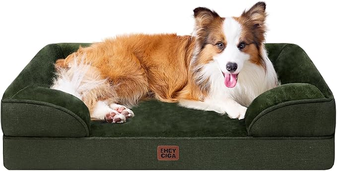 EHEYCIGA Orthopedic Dog Beds for Large Dogs, Waterproof Memory Foam Large Dog Bed with Sides, Non-Slip Bottom and Egg-Crate Foam Pet Couch Bed with Washable Removable Cover, Dark Green