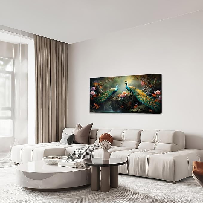 Large Peacock Wall Art Aesthetic Bird Canvas Living Room Pictures Framed Prints Floral Modern Wall Decor Painting Artwork for Bedroom Dining Office Home 60"x30"