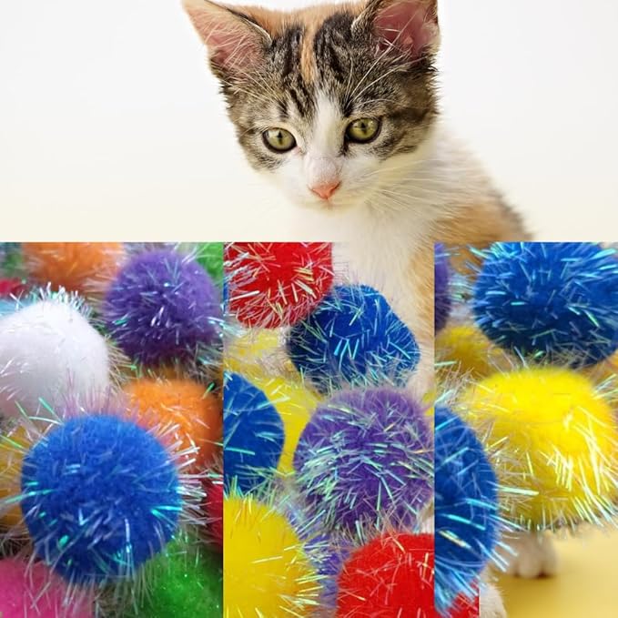 20 Pieces Mix Sizes Sparkle Pom Pom Balls for Cat - Interactive Glitter Balls, Multicolor, Best as Kitten Play Toys.