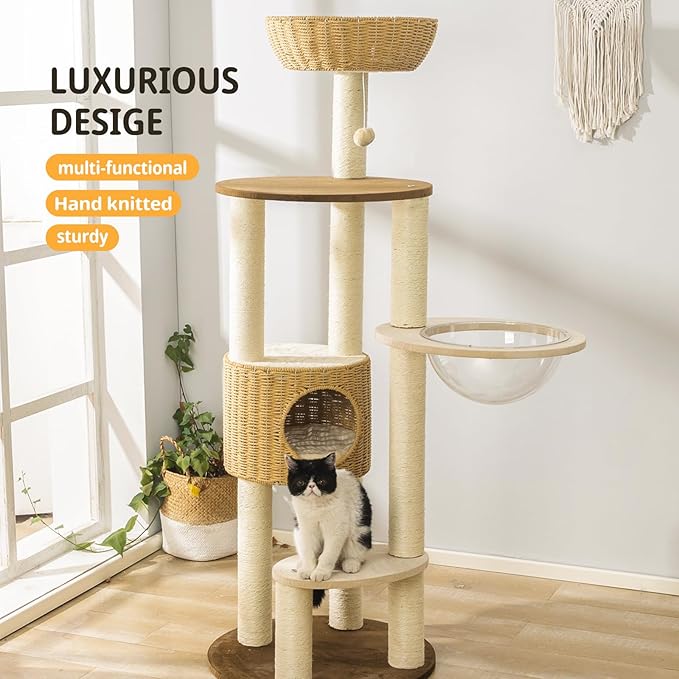 2025 Modern Cat Tree Tower for Large Cats, Advanced Space Module Cat's Nest, Hand Woven Multilevel Huge Paws Pals Tree, 7cm Natural Sisal Prop Wood, Scratching Cat Lover Gifts