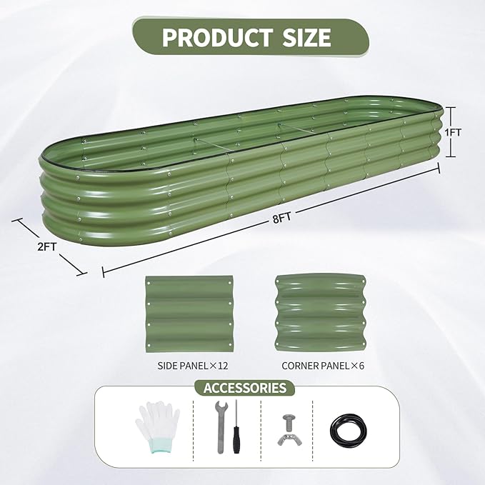Galvanized Raised Garden Bed - 8x2x1FT Metal Planter Boxes Outdoor | Oval Steel Raised Bed Kit for Gardening with Protective Tape, Bracing Rods, Gloves for Vegetables, Flower, Herb (Green)