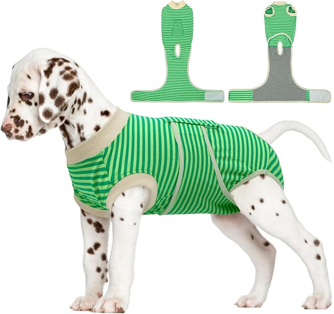 FUAMEY Dog Recovery Suit Male,Dogs Surgery Neuter Suits Puppy Spay Shirts for Female Protect Dog's Skin Anti Licking Abdominal Wounds Doggie Onesie Pet Bodysuit Alternative to Cone Green Stripes XS