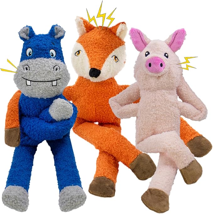 3 Pack No Stuffing Crinkle Squeaky Interactive Plush Dog Toys for Aggressive Chewers to Keep Puppy Busy for Boredom Small & Medium Breeds Furry Friend Teething Orange Fox Pink Pig Blue Hippo