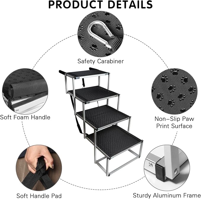DGSL Dog Ramp for Car, 4-Step Folding Dog Stairs, Aluminum, Black, Supports Up to 250 Lbs