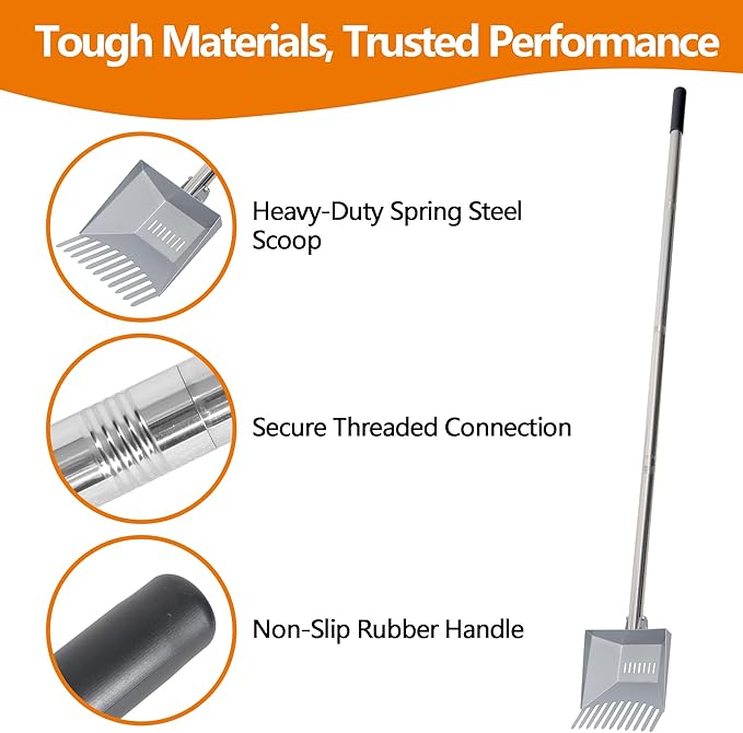 Heavy Duty Pooper Scooper 66in Spring Steel Scoop Long Stainless Steel Handle Dog Pooper Scooper for Large Dogs Outdoor Pet Waste Removal Shovel