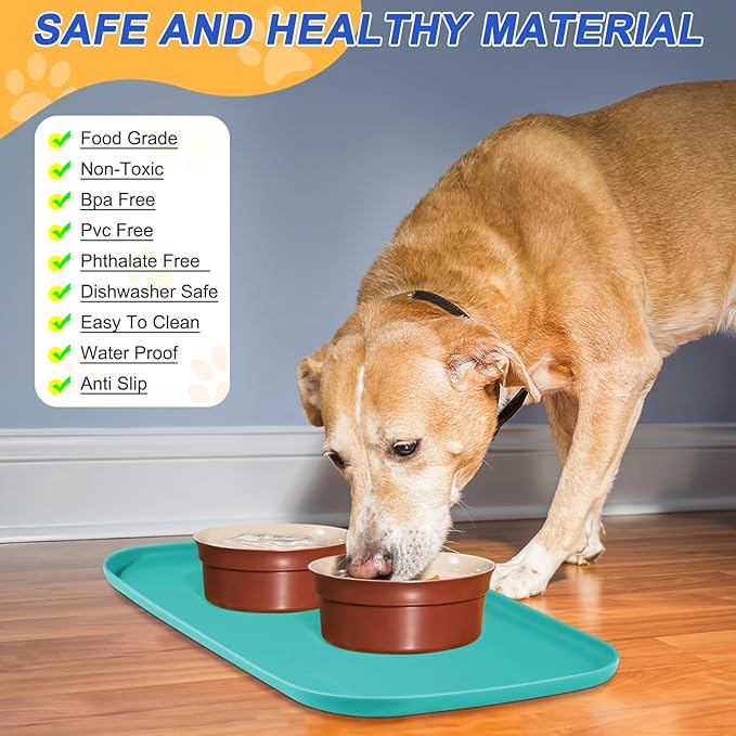 Silicone Pet Feeding Mat with Raised Edge for Food and Water, Dog Bowl Mats, Cat Bowls Placemat with High Lip for Floor Waterproof, Rubber Tray for Cats and Dogs 22 x 14 x0.8 Dark Turquoise