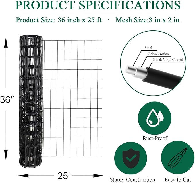 Black PVC Coated Welded Wire Fence 36 Inch x 25 Foot, 2 Inch x 3 Inch 16GA, Garden Border Fencing Roll Vinyl Coating Metal Wire Mesh for Yard Vegetable Plant Protection Poultry Netting