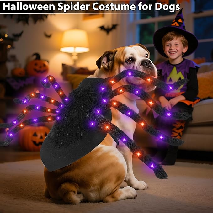Camlinbo 24 LED Spider Dog Halloween Costume for Small Medium Large Dogs, Furry Giant Spider with Orange Purple Lights Puppy Pet Costume Outfits Clothes Funny Halloween Costume Party Cosplay