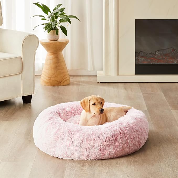 WNPETHOME Calming Dog Bed Cat Bed Donut, Faux Fur Pet Bed Self-Warming Donut Cuddler, Comfortable Round Plush Dog Beds (30 x 30 x 10 Inch, Light Pink)