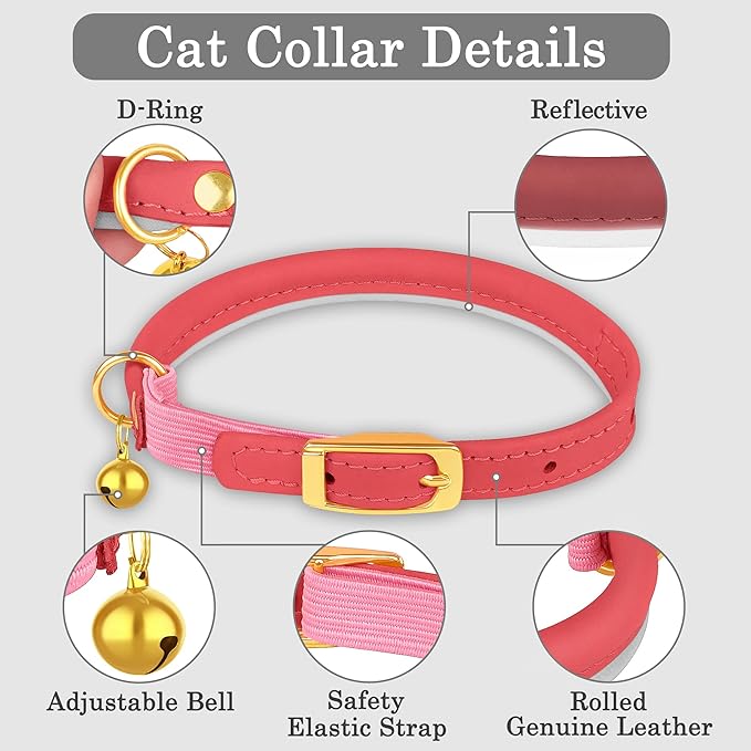 OOPSDOGGY Rolled Leather Cat Collar with Bell - Reflective Kitten Collar with Safety Elastic Strap - Adjustable Small Pet Collars for Boy Girl Cats (Pink)