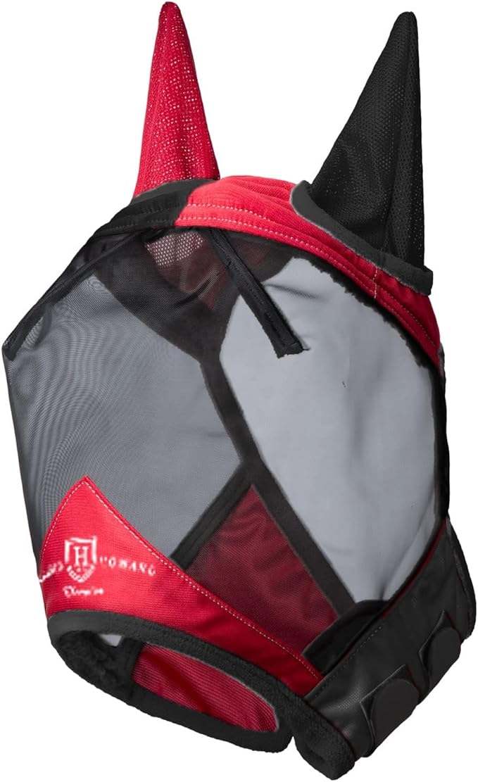 Harrison Howard Pro Luminous Horse Fly Mask Standard with Ears UV Protection for Horse Scarlet Red/Black Medium Cob