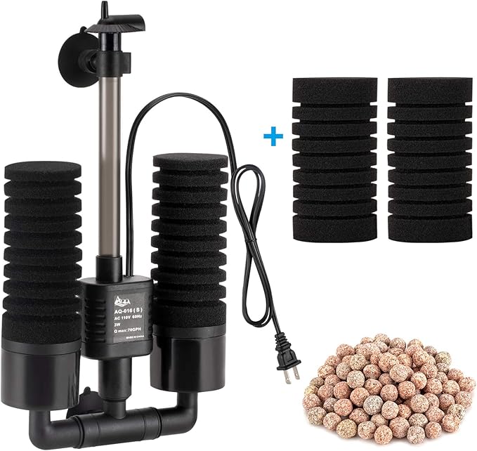 AQQA Aquarium Sponge Filter, Power Driven Double Biochemical Water Filter, Quiet Submersible Foam Filter with 2 Extra Sponges, 1 Bag of Filtered Ceramic Balls for Fresh and Salt Water Fish Tank (S)