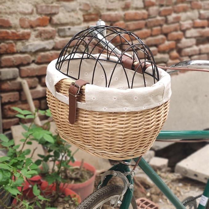 Bike Pet Basket, Wicker Bike Basket for Small Dogs Cats Pet Carrier Front Basket with Wire Mesh Cover and Lid, Wicker Basket for Dogs and Cats, Rattan Storage Basket, 11.81 * 9.84 inch (B)