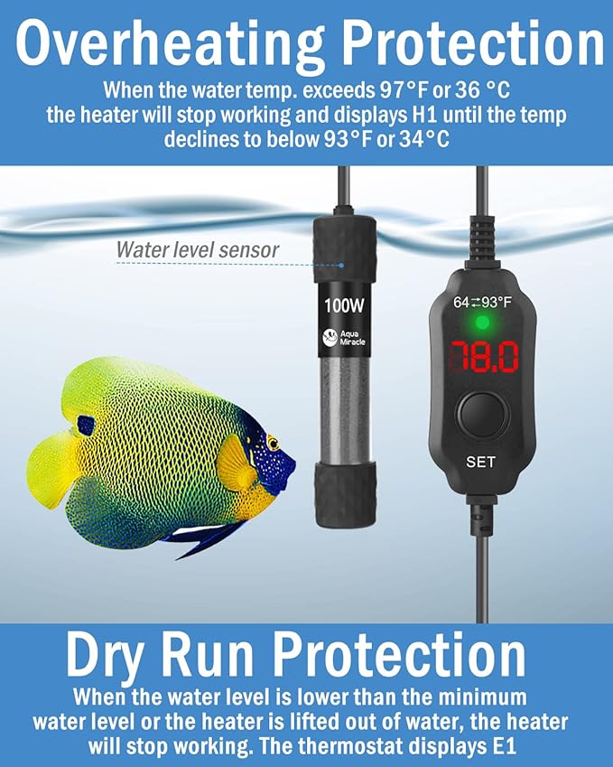 AquaMiracle Adjustable 100W Aquarium Heater Submersible Fish Tank Heater Super Short Aquarium Heater with LED Digital Display Thermostat, for Tanks 10-20 Gallons