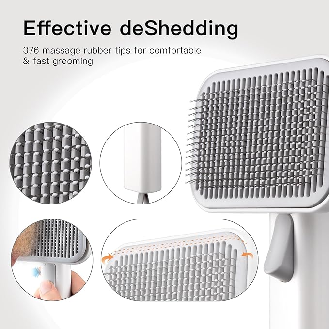 Self Cleaning Slicker Dog Cat Brush for Shedding - Deshedding Tool with Max Massage Tips, Grooming Brush for Short Medium Haired Cats & Dogs (White)