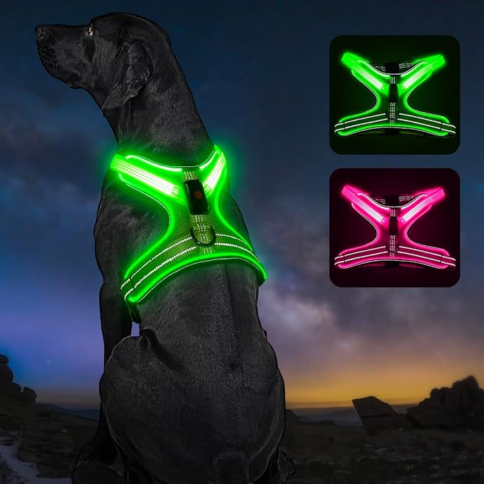 Light Up Dog Harness, Rechargeable LED Dog Harness with Battery Level Indicator, Adjustable Reflective Safety Vest for Night Walking, Soft Mesh Lighted Harness for Medium Large Dogs(5-90lbs)