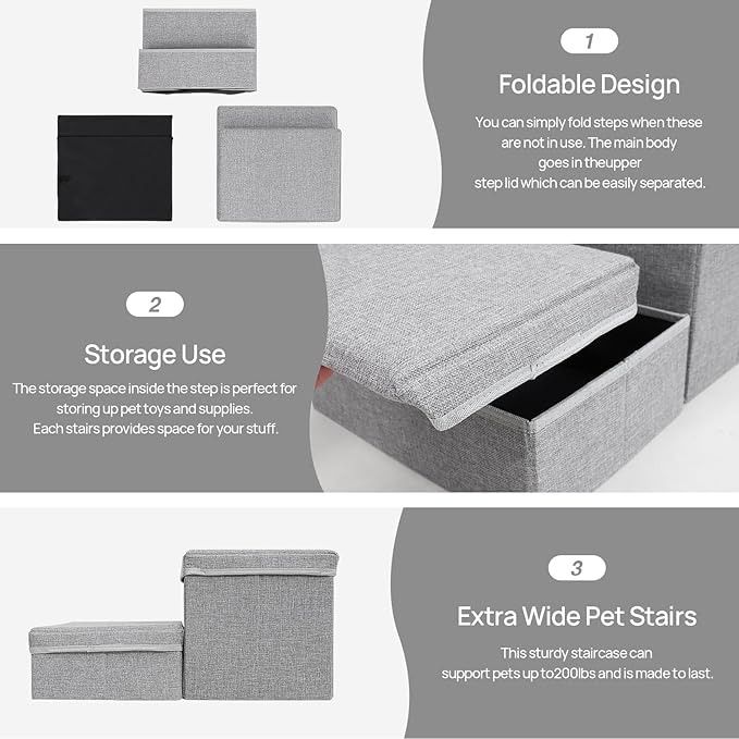 Foldable Dog Stairs/Steps 2-Tier Pet Steps Storage and Adjustable Steps for Small Medium Dogs Pet Steps Storage Stepper for High Beds Sofa Pet Dog Cat (2 Step-Light Grey)