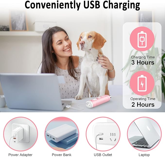 Casfuy Dog Nail Grinder with 2 LED Light for Large Medium Small Dogs - 3X More Powerful 2-Speed Electric Pet Nail Trimmer Rechargeable Quiet Painless Paws Grooming & Smoothing Tool