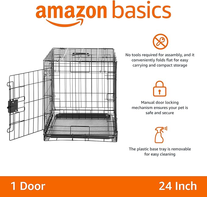 Amazon Basics Durable, Foldable Metal Wire Small Dog Crate with Tray, Single Door, 24 x 18 x 20 in, Black
