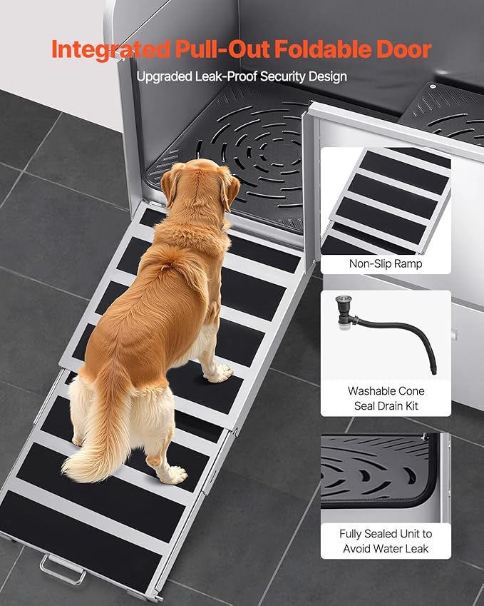 VEVOR Professional 304 Stainless Steel Dog Bathing Station, 50 inch Pet Grooming Tub w/Anti-Slip ramp, Storage Drawer, Cold Hot Faucet Showerhead, for Large & Medium & Small (Left Door, with Drawer)