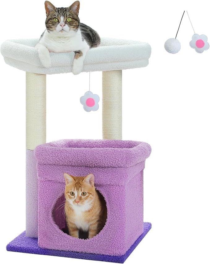 PEQULTI Cat Tree Flower Cat Tower for Indoor Cats with Private Cozy Cat Condo, Natural Sisal Scratching Posts and Plush Pom-pom for Small Cats, Purple