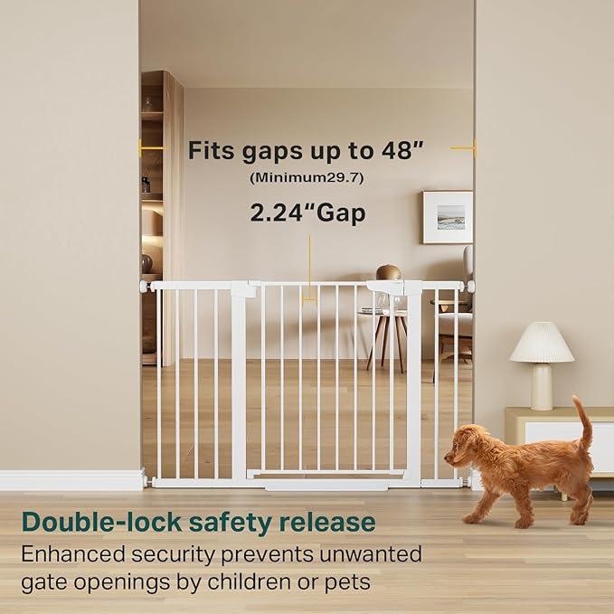 Cumbor 29.7-48" Baby Gate for Stairs, Mom's Choice Awards Winner-Dog Gates for Doorways, Auto Close Safety Pet Gate for Dogs Indoor, Easy Install Pressure Mounted Child Gate with Walk Thru Door, White