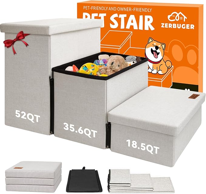Dog Stairs with Storage 18" H, 3-Step Wider Dog Steps for Small/Medium/Large Old Dogs Cats, Folding Sturdy Pet Stairs Climbing Bed or Couch, Ramp for Car Up to 200 lbs (Beige, No Condo)