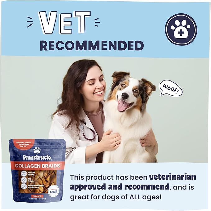 Pawstruck Natural 5-7” Beef Collagen Braids for Dogs – Long-Lasting Rawhide & Bully Stick Alternative, with Chondroitin & Glucosamine – 5 Pack