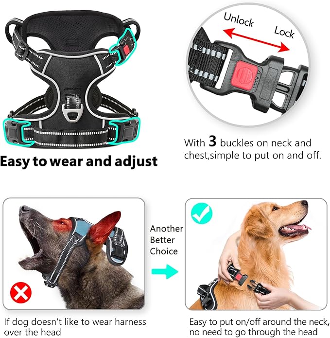 Timos No Pull Dog Harness, Release at Neck Reflective 3 Snap Buckles Adjustable No Choke Pet Vest with Front & Back 2 Leash Clips, Soft Padded Control Training Handle for Small Medium Large Dogs