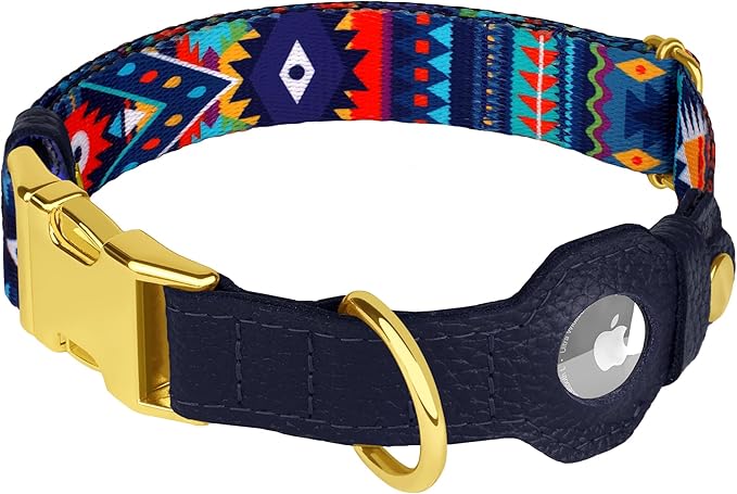 AirTag Dog Collar for Small Medium Large Breed - Adjustable Cute Pattern Dog Collar with Airtag Holder - Soft Leather Tracker GPS Apple Air Tag Pet Collars (Small, 12"-15" Neck Fit, Navajo)