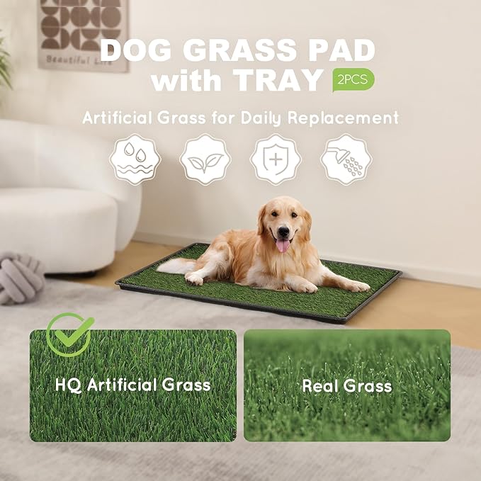 HQ4us Dog Grass Pad with Tray Medium 31”×21” Dog Litter Box Toilet with 2×Artificial Grass for Dogs with Hemmed Edge, Pee Pads for Dogs, Realistic, Less Stink, Potty for Balcony