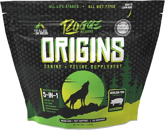 Origins 5-in-1 Dog Supplement - Powdered Food Topper w/Natural Heirloom Pork Protein- Supports Healthy Digestion, Skin, and Coat - Helps Reduce Itching & Joint Inflammation (2 lbs)