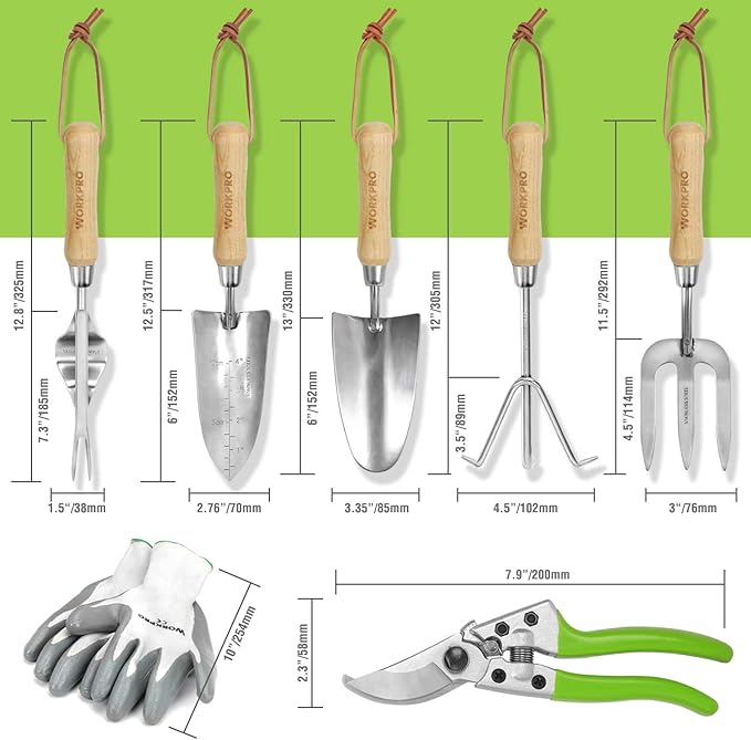 WORKPRO Garden Tools Set, 8 Piece, Stainless Steel Heavy Duty Gardening Tools with Wooden Handle, Including Garden Tote, Gloves, Trowel, Hand Weeder, Cultivator and More-Gardening Gifts For Women Men