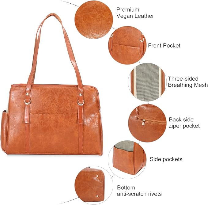 Dog Carrier Purse, Fashion Leather Pet Carrier with Pockets, Airline Approved Soft Sided Dog Carrying Bag for Puppy Cat Dog Brown