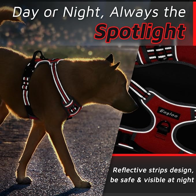 Eagloo Dog Harness Large Breed, No Pull Service Vest with Reflective Strips and Control Handle, Adjustable and Comfortable for Walking, No Choke Pet Harness with 2 Metal Rings, Red, XL