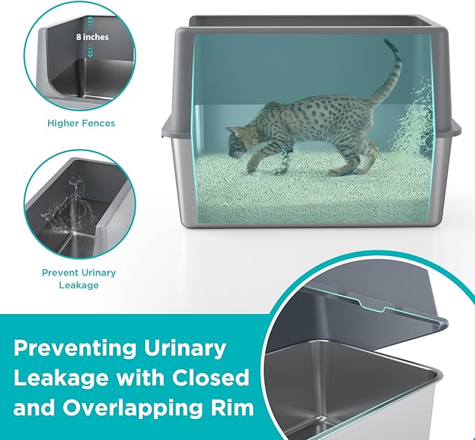 LIHONG Stainless Steel Litter Box with Lid, XL Metal Cat Box for Indoor Cats, Enclosure Cat Litter Pan for Large Cats, Non-Sticky Large Kitty Litter Box, Anti-Leakage, 23.5" X 15.5" X 16"
