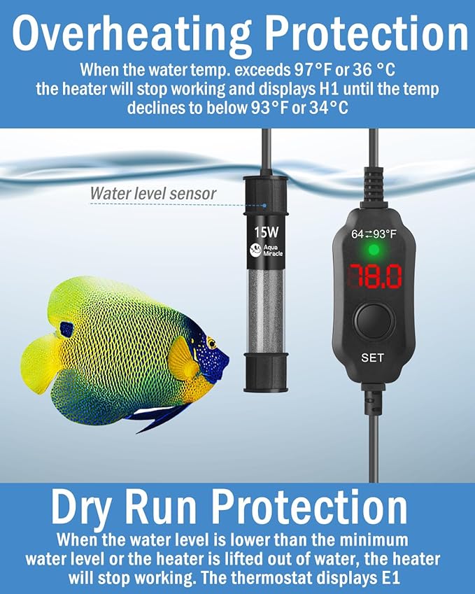 AquaMiracle Adjustable 15W Aquarium Heater Submersible Fish Tank Heater Super Short Aquarium Heater with LED Digital Display Thermostat, for Tanks 1-3 Gallons