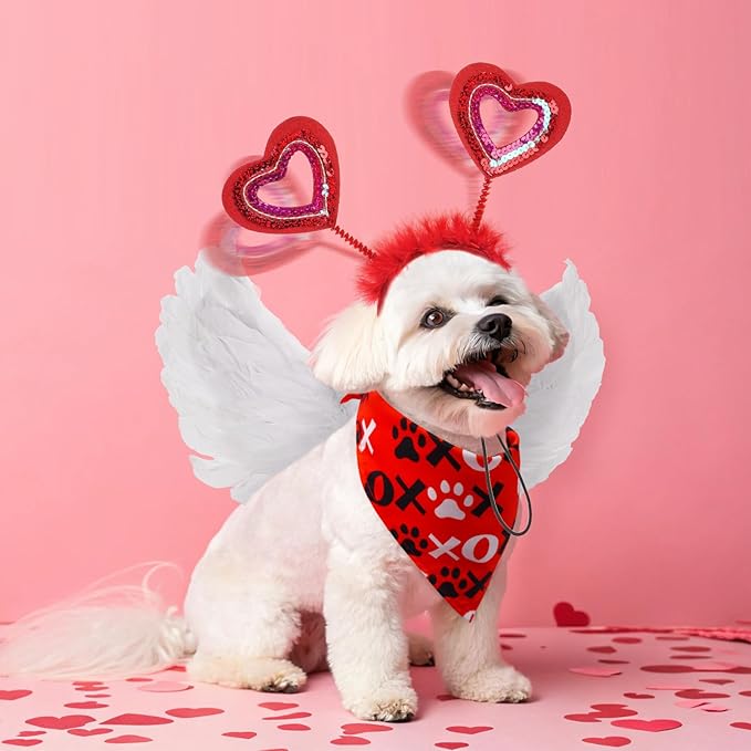 SCENEREAL Dog Outfit/Birthday Bandana with Feather Wing & Heart Headband Dogs Girls Set, Red Puppy Kitty Party Supplies for Small Medium Dogs Cats, Pet Costumes