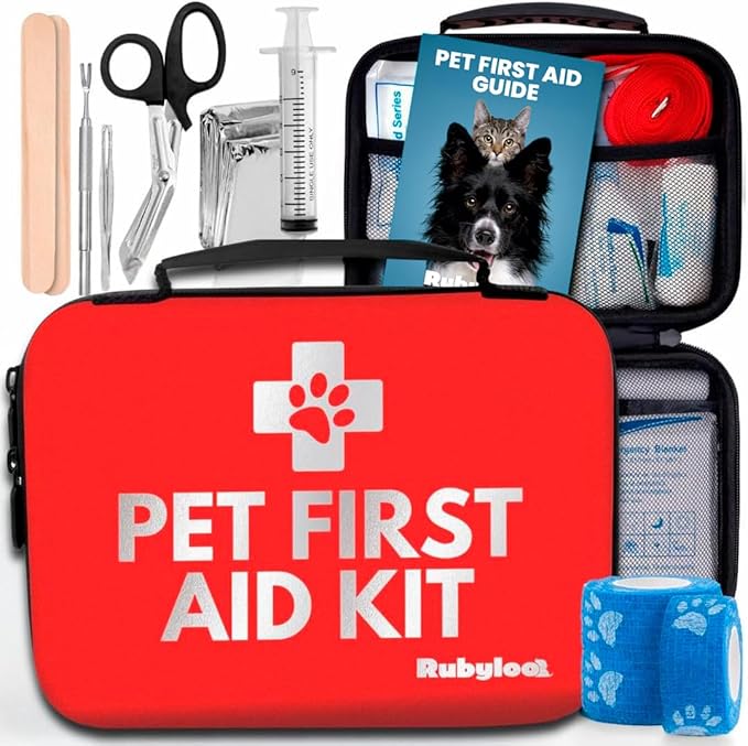 Dog First Aid Kit - Vet Approved Pet First Aid Supplies to Treat Dogs & Cats in an Emergency - Pet First Aid Kit Guide, Tick Remover, Slip Leash & Medical Essentials for Home, Camping, Car, RV, Travel