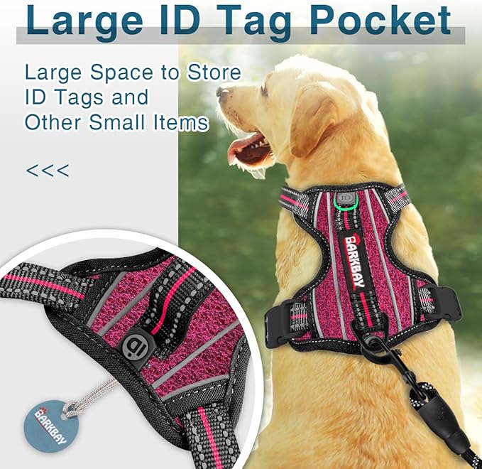 BARKBAY Dog Harness No Pull with ID Tag Pocket - Heavy Duty, Reflective, Easy Control for Large Dogs(Pink/Black,XL)