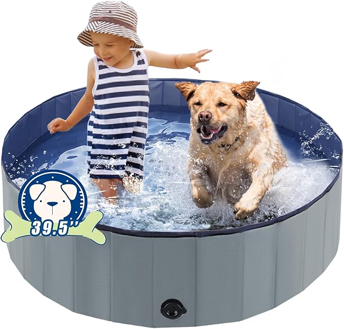 Foldable Dog Bath Swimming Pool Plastic Kiddie Pool Professional Tub Collapsible Grooming Bathtub for Pets Kids Baby and Toddler, 39.5 x 12 Inches Gray