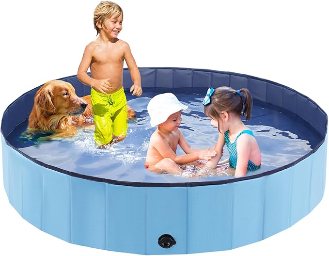 Foldable Dog Bath Swimming Pool Plastic Kiddie Pool Professional Tub Collapsible Grooming Bathtub for Pets Kids Baby and Toddler, 97 x 12 Inches Blue