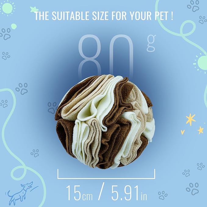 Pet Snuffle Ball, Puzzle Sniffing Interactive Dog Ball for Blind Dogs Training Stress Relief Dog Enrichment Toys Treat Machine Washable (15cm, Milk Tea Brown)