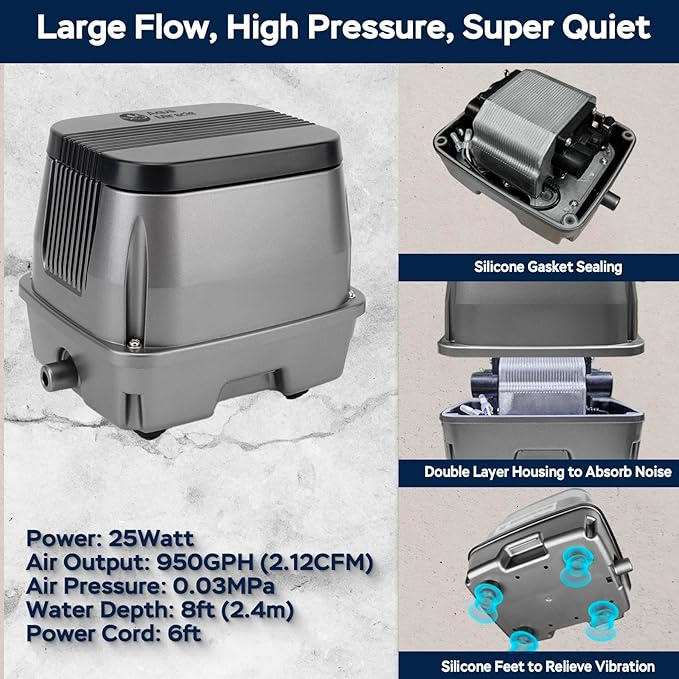 AquaMiracle All-in-1 Koi Pond Aeration Kit Pond Air Pump with Self-Sinking Airline Rubber Air Diffuser, Air Flow Control Pond Aerator for Outdoor Pond 10,000-15,000 Gallons