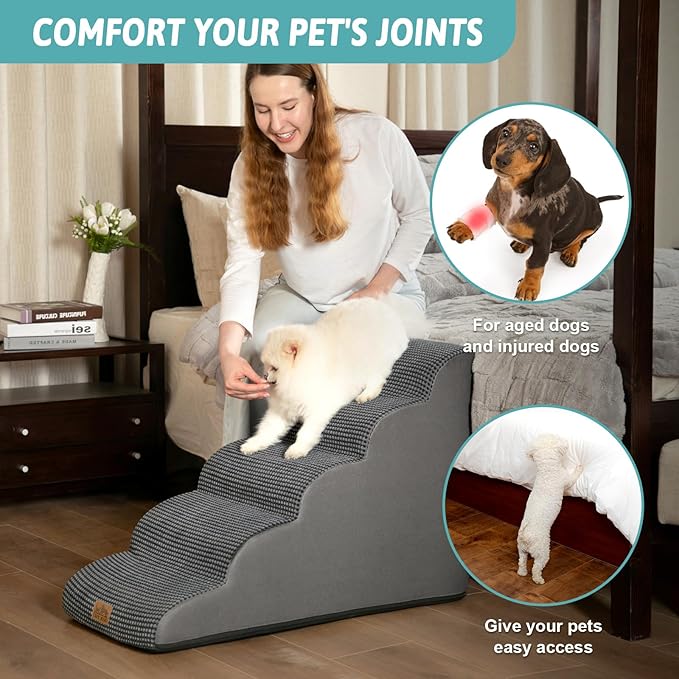 Dog Stairs for High Bed 22.6" H, Small Dog Step for Puppy, Older or Cat, Curved Ramp for Car, Ladder with High Density Foam, Lightweight, Durable, 15.7x33x22.6 inch, 5 Step, Dark Grey