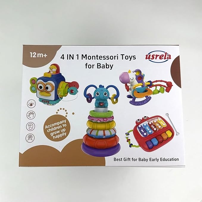 4 in 1 Baby Toys for 6 12 18 Month, Learning Toys for Babies 6-12 Months, Busy Cube, Stacking Sorter, Piano Xylophone Pull String Travel Toy, Birthday Gifts for Toddlers 1 2 Years Old